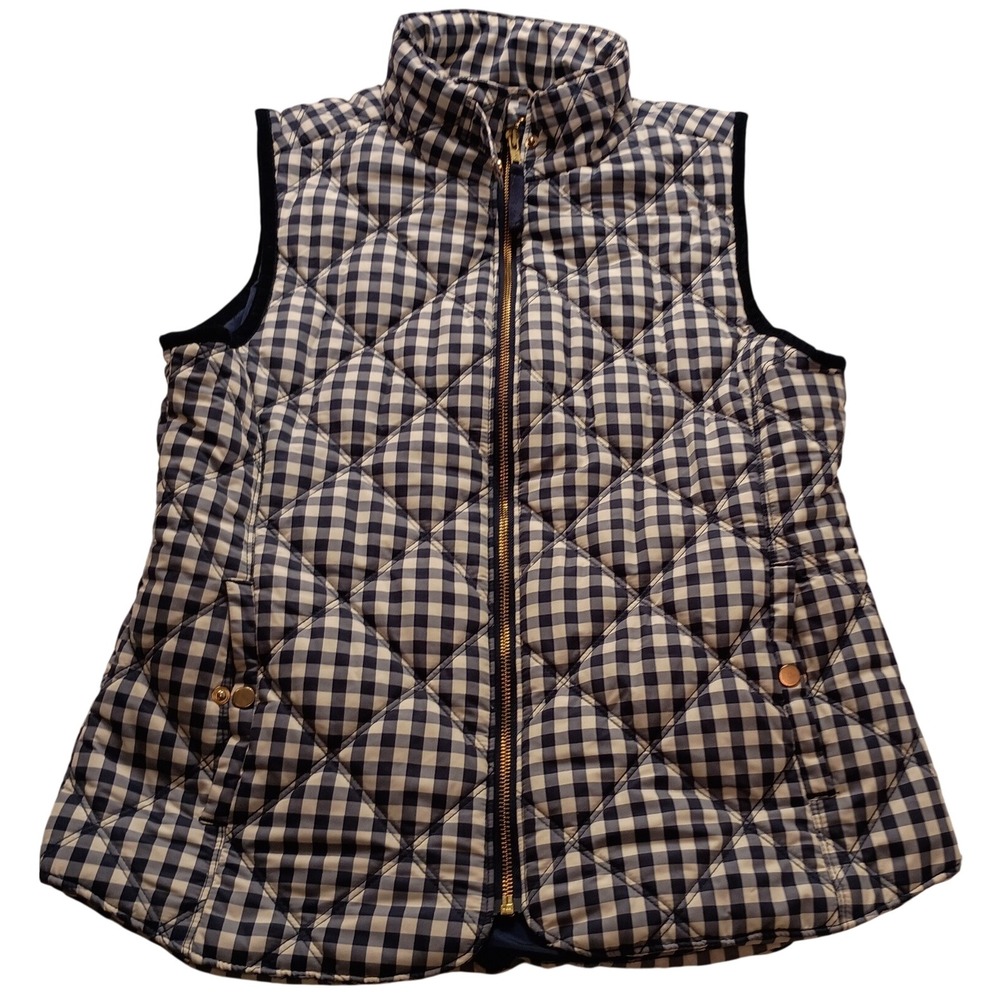 Kensie Women's Navy Blue Gingham Quilted Puffer Vest Gold Zip Checker M NWOT